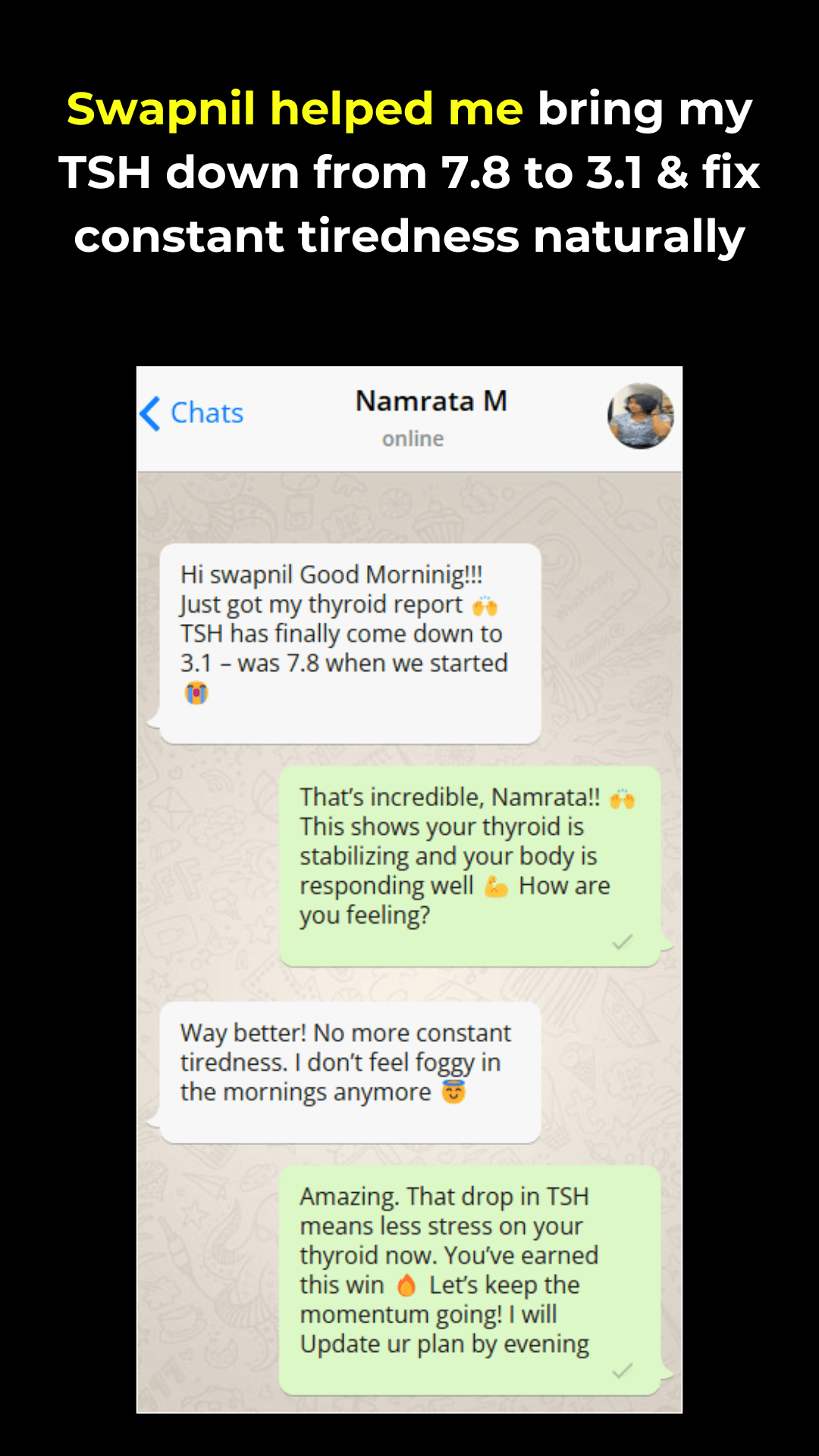 WhatsApp screenshot — Finally not tired all day. (Namrata · Hypothyroid client)