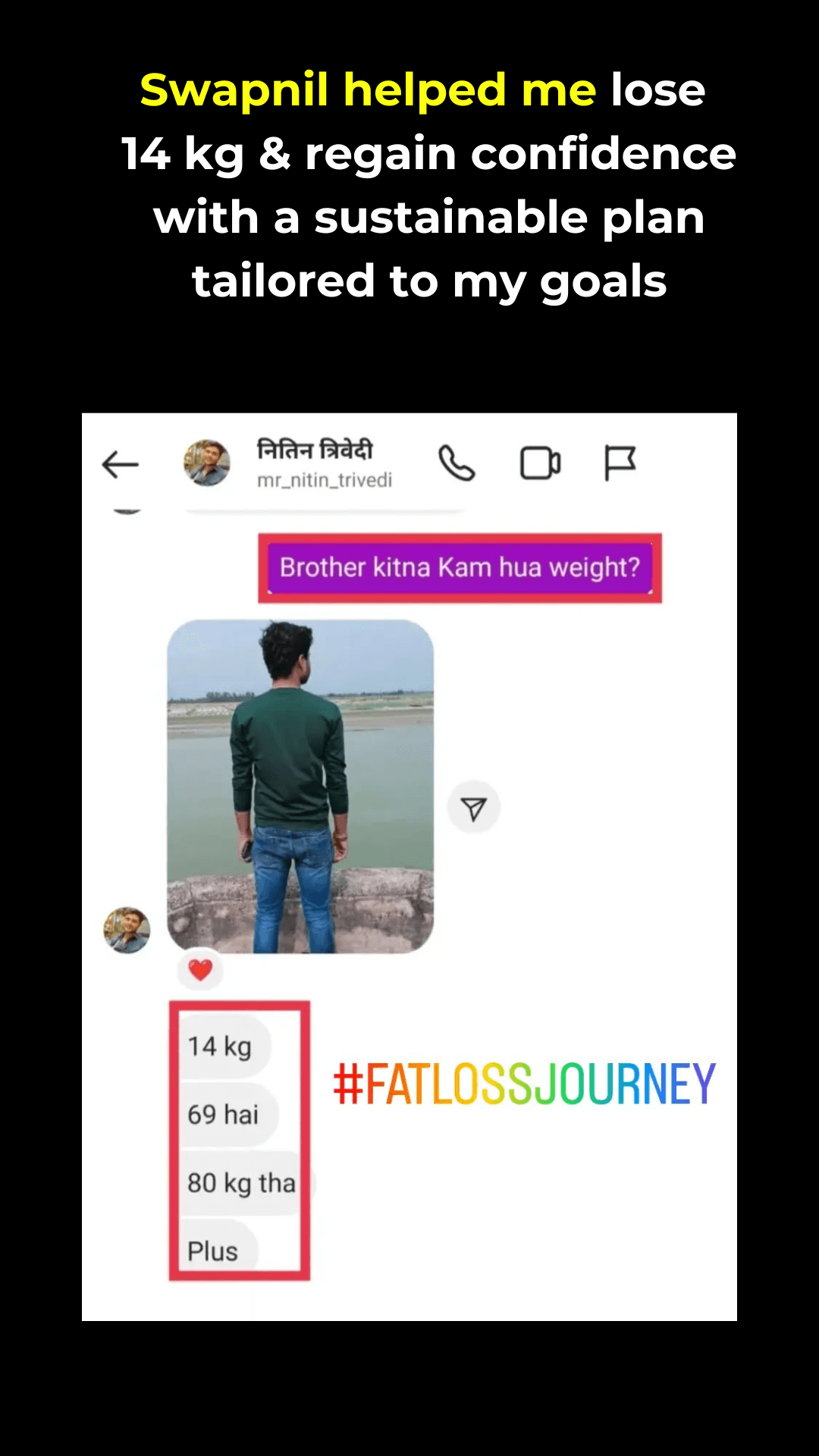 WhatsApp screenshot — Focus and clarity returned. (NITIN · FAT LOSS CLIENT)