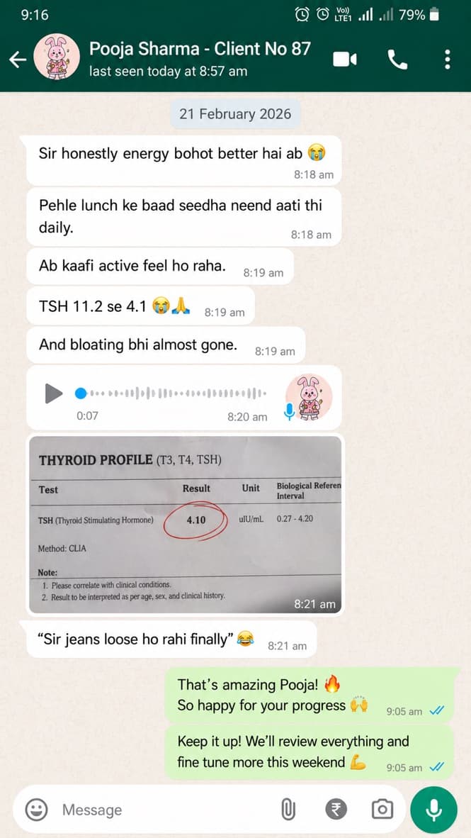 WhatsApp screenshot — Hair loss finally stopped. (POOJA SHARMA · HYPOTHYROID CLIENT)