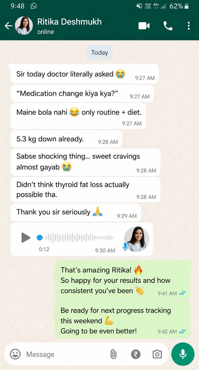 WhatsApp screenshot — No more morning exhaustion. (RITIKA DESHMUKH · THYROID CLIENT)