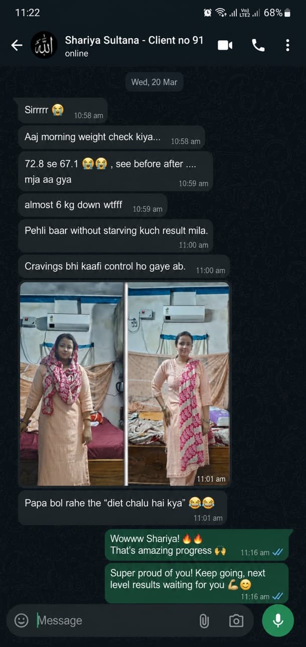 WhatsApp screenshot — TSH is finally in range. (SHARIYA SULTANA · THYROID CLIENT)