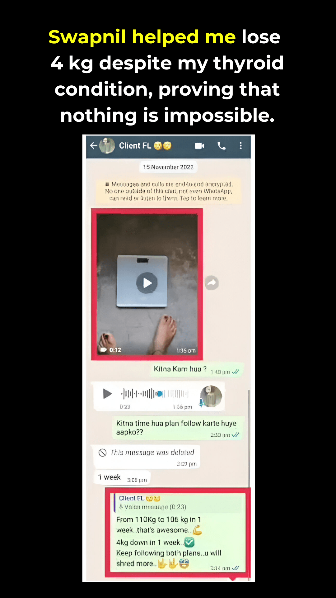 WhatsApp screenshot — Weight started moving. Finally. (SIMA · THYROID CLIENT)