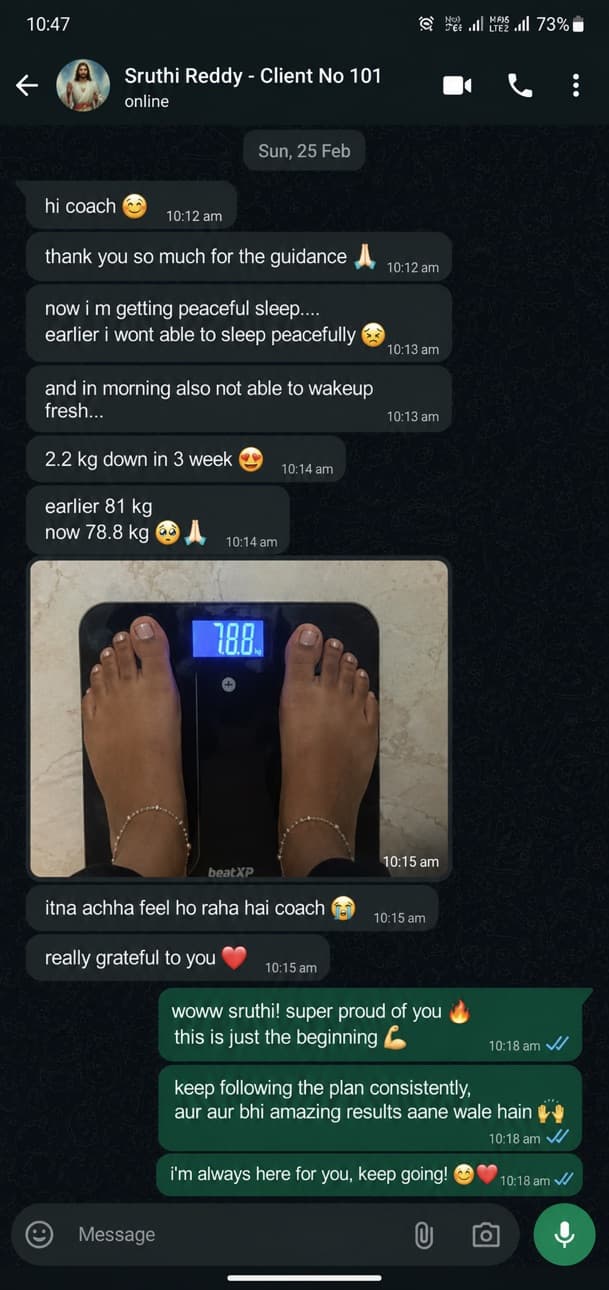 WhatsApp screenshot — Weight started moving again. (Sruthi Reddy · Thyroid client)